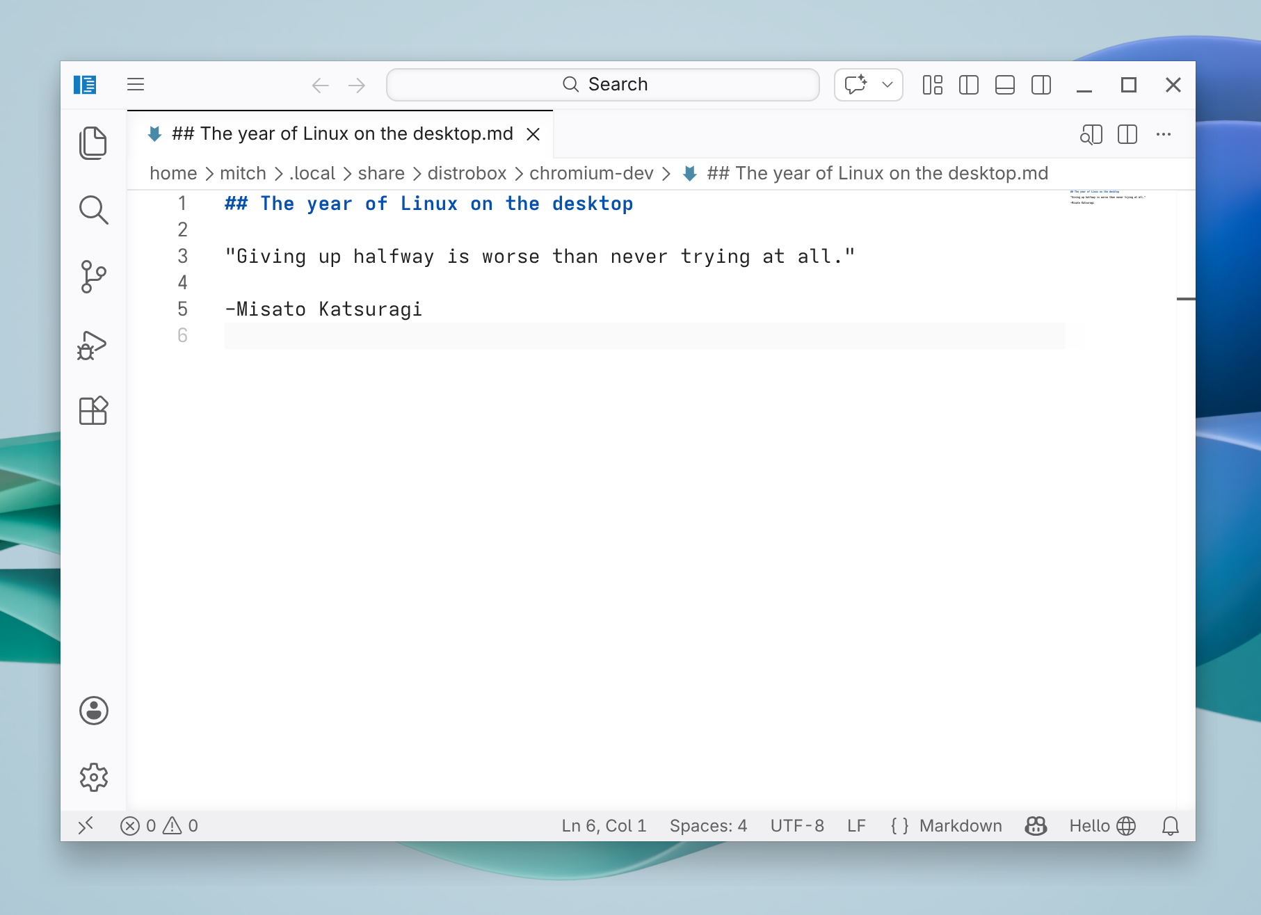 Screenshot of VS Code using a prerelease version of Electron 41.x with CSD shadows.
